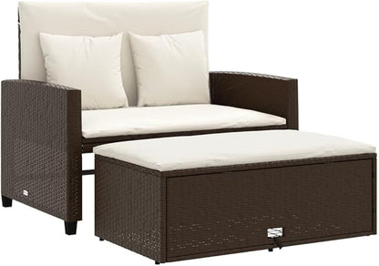 vidaXL Patio Sofa with Cushions 2-Seater, Storage Garden Bench, Patio Loveseat for Balcony Garden, Outdoor Furniture, Brown Poly Rattan