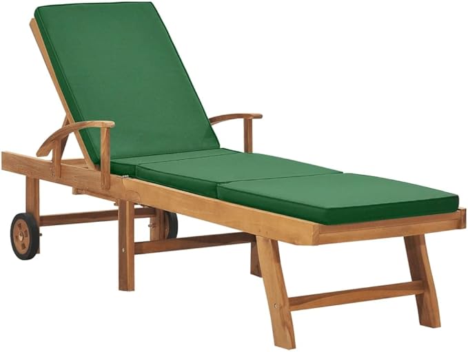 Outdoor Sun Lounger with Green Cushion, Adjustable Teak Wood Chaise Lounge for Patio Garden Poolside - Photo 1