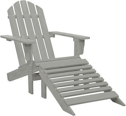 Grey Hardwood Outdoor Lounge Chair with Ottoman Large Durable Garden Seating for Patio Garden Balcony Relaxation