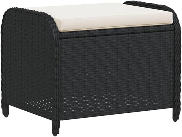 vidaXL Patio Stool - Black Poly Rattan Ottoman with Cream White Cushion - Outdoor Garden Deck Furniture - Photo 1