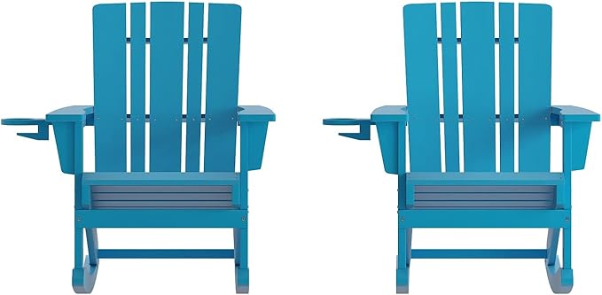 Flash Furniture Halifax Adirondack Rocking Chairs with Cup Holder, Weather Resistant Poly Resin Adirondack Rocking Chairs, Set of 2, Blue