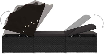 (Fast Shipments) Outdoor Rattan Chaise Lounge Chair Set with Retractable Canopy, All Weather Furniture for Outside, Pool, Beach Sun Lounger with Canopy and Cushion Poly Rattan Black