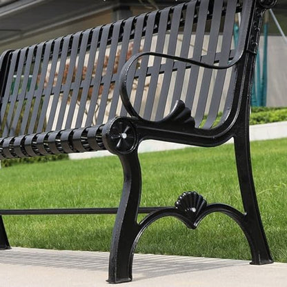 Sturdy Cast Iron Outdoor Garden Bench with Armrests & Backrest - All-Weather Slatted Seat for Patio, Yard, Entryway & Deck - Durable Metal Furniture