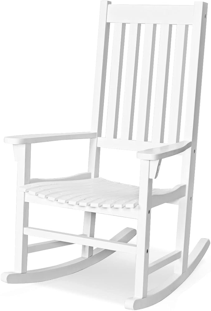 Tangkula Acacia Wood Porch Rocking Chair, Wooden Rocking Chair Rocker with High Back & Armrest for Indoor Outdoor Use, Patio Rocker for Garden Lawn Balcony Backyard Poolside (1, White)