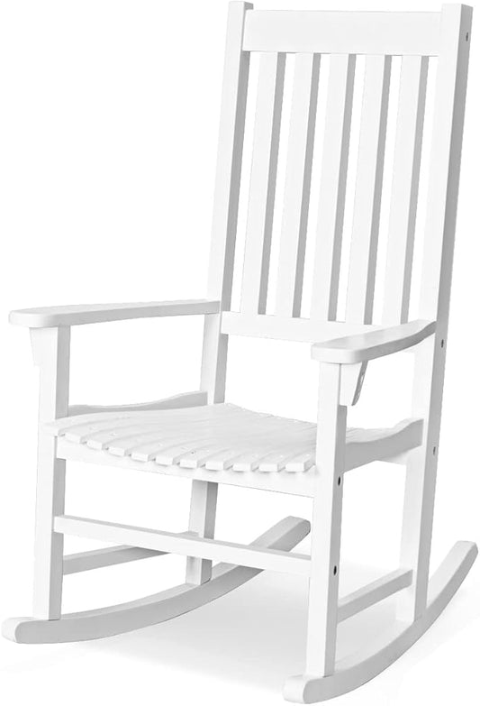 Tangkula Acacia Wood Porch Rocking Chair, Wooden Rocking Chair Rocker with High Back & Armrest for Indoor Outdoor Use, Patio Rocker for Garden Lawn Balcony Backyard Poolside (1, White)