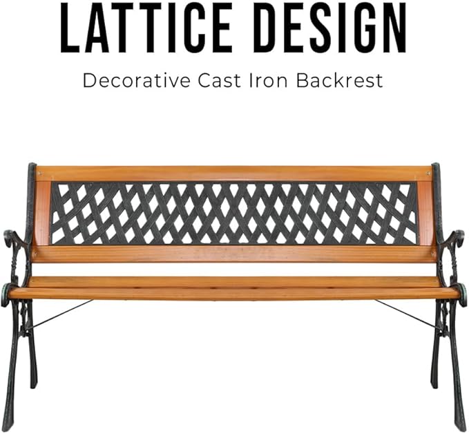 49" Outdoor Wood Bench for Garden, Patio & Porch, 2-Person Bench with Iron Armrests, PVC Backrest, Weather-Resistant Hardwood Seat, Natural Wood & Bronze
