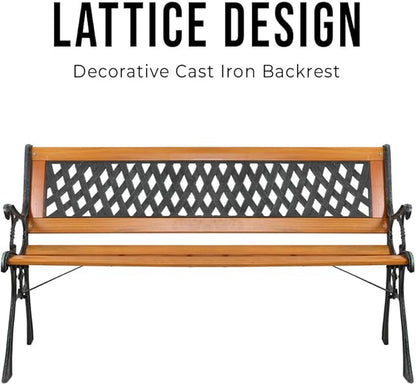 49" Outdoor Wood Bench for Garden, Patio & Porch, 2-Person Bench with Iron Armrests, PVC Backrest, Weather-Resistant Hardwood Seat, Natural Wood & Bronze