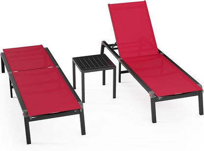 Aluminum Patio Chaise Lounge Chair Set of 2 with Side Table,5-Position Adjustable Backrest,Foldable Lounge Chair Outdoor,Pool Lounge Chairs for Poolside,Lawn,Deck,Beach (Red, 2 Pack+Table)