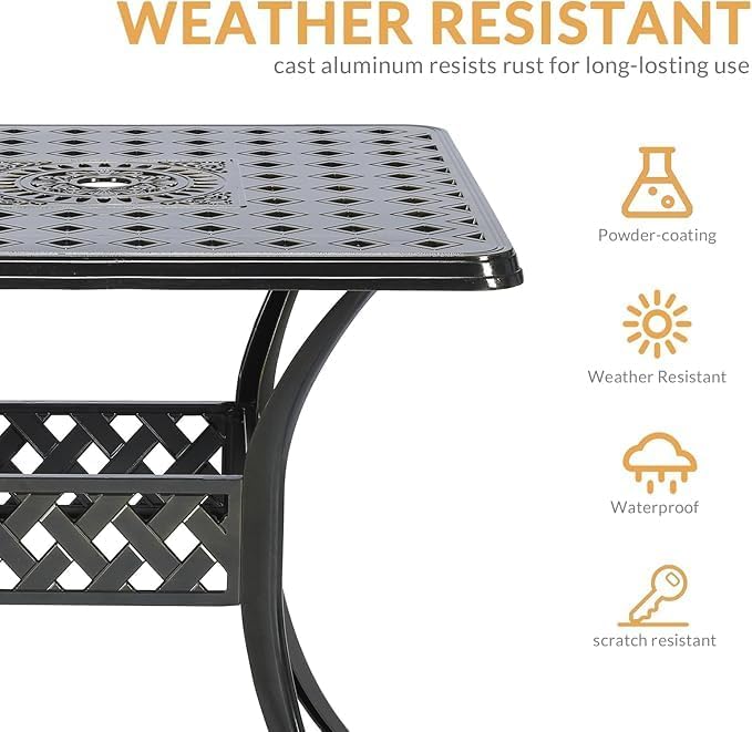 Outdoor Cast Aluminum Patio Table, 30.5” Square Bistro Table with 2.2” Umbrella Hole for Patio Garden Deck Backyard