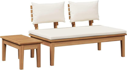 Modern Outdoor Teak Wood Garden Bench Set 2 pcs Cream and Brown Rectangular Patio Furniture with Solid Construction and Easy Assembly for Durable Seating