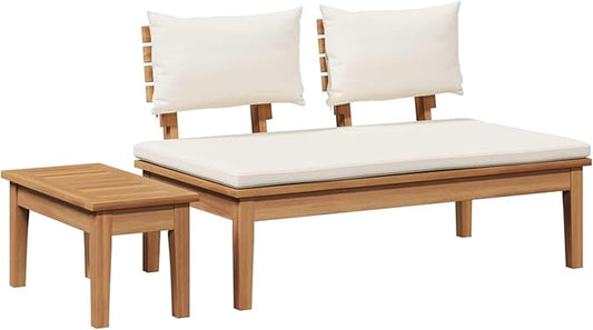 Modern Outdoor Teak Wood Garden Bench Set 2 pcs Cream and Brown Rectangular Patio Furniture with Solid Construction and Easy Assembly for Durable Seating