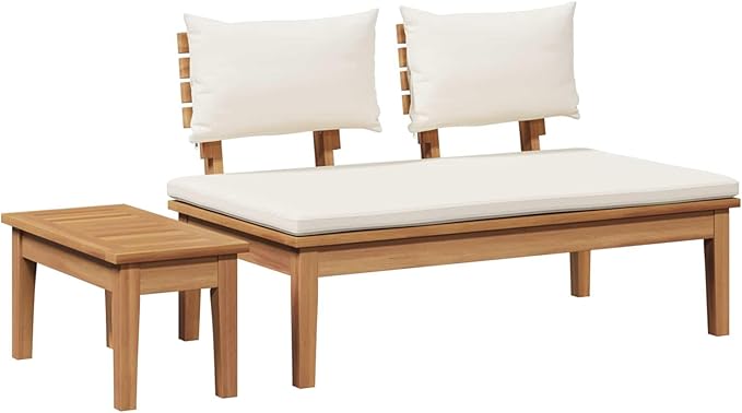 Garden Bench Set 2 pcs Cream and Brown Solid Teak Wood Modern Rectangular Design for Garden and Patio Use