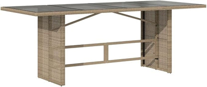 vidaXL Beige Rattan Patio Table - Glass top/Outdoor Garden Furniture - 74.8"x31.5"x29.5" | uv-Resistant