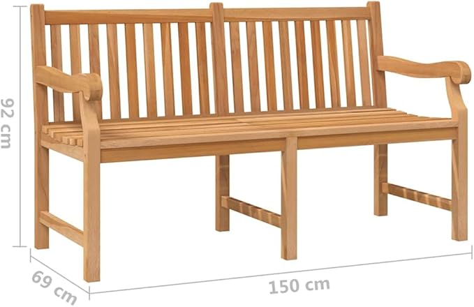 Light Brown Solid Teak Wood Garden Bench, Extra Heavy Durable Vintage Outdoor Seating for Patio, Weather Resistant Rustic Furniture with Spacious Design for 3 People, Easy