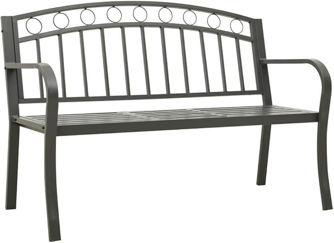 Garden Bench with Table Grey Powder-Coated Steel Medium Durable Outdoor Furniture for Patio, Seating for Two with Integrated Snack Table, Weather-Resistant and Low Maintenance