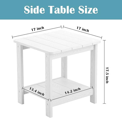 hOmeHua Weather Resistant Side Table, 17 inch Square 2-Layer Structure Wide Desktop, Imitation Wood Stripes, Easy to Assemble & Maintain, Suitable for All Indoor & Outdoor Places - White