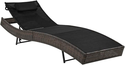 Adjustable Chaise Lounge, 83.9"x27.6"x36" Brown PE Rattan Lounger w/Pillow, Textilene Fabric, Reclining Backrest for Patio, Pool, Garden, Deck