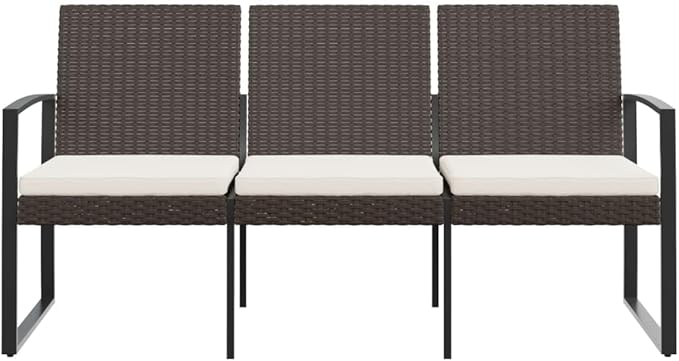 3-Seater Garden Bench Brown PP with Rattan Look, Powder-Coated Steel Frame and Synthetic Polypropylene Material, Includes 3 Soft Zip-Off Cushions for Comfort, Spacious