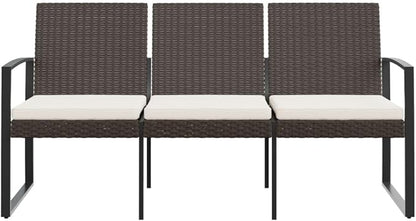 3-Seater Garden Bench Brown 22.4"x60"x30.5" PP Rattan Look Outdoor Bench for Patio Porch Balcony Park with Powder-Coated Steel Frame, Removable Cushions, Seats 3 up to 727 lbs