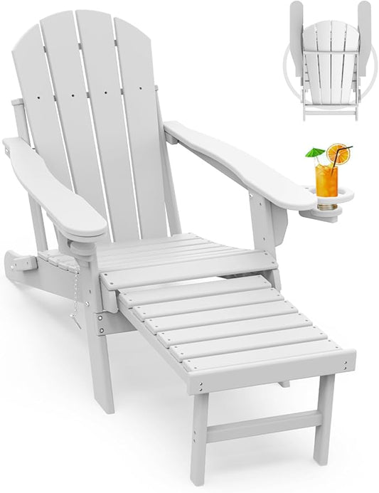 GREENVINES Adirondack-Chairs-with-Ottoman | Folding | Retractable-Footrest | HDPE Plastic | All Weather Fire Pit Chair | Cup Holders | White | for Outdoor Poolside