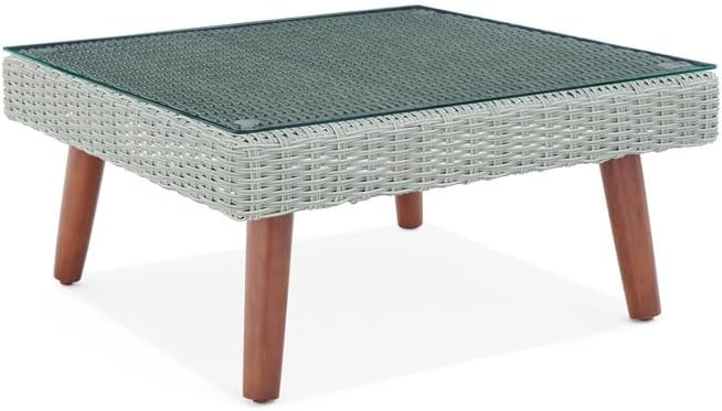 Alaterre Furniture Albany All-Weather Wicker Outdoor Gray 29" Square Coffee Table with Glass Top, brown