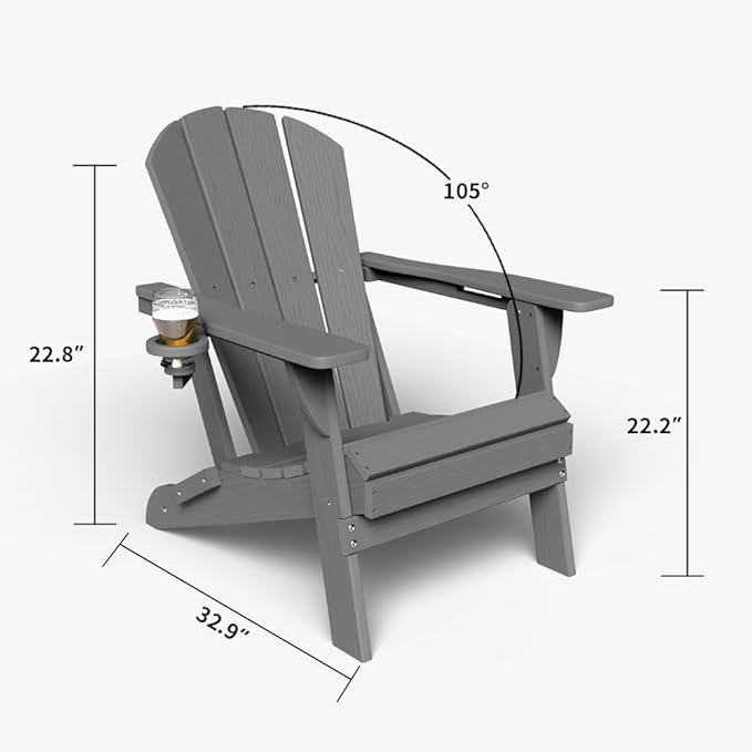 Folding Adirondack Chair with Cup Holders, HDPE Plastic Outdoor Chairs, Weather Resistant, Real Wood Look for Patio - Photo 2