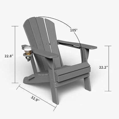 Folding Adirondack Chair with Cup Holders, HDPE Plastic Outdoor Chairs, Weather Resistant, Real Wood Look for Patio, Deck, Fire Pit, Backyard, Gray