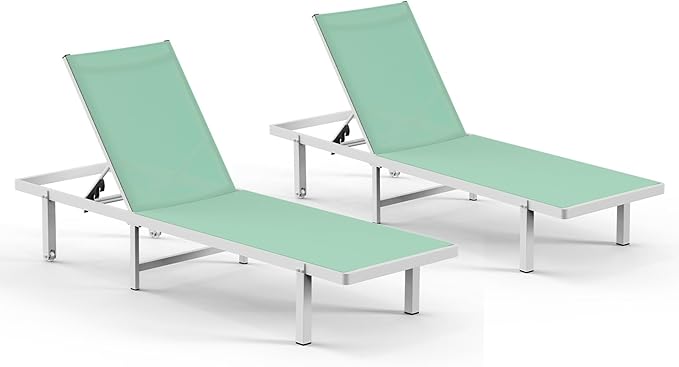 Aluminum Outdoor Lounge Chairs Set of 2, Pool Lounge Chairs with Wheels and 5-Position Recliner -Easy to Move- Patio Chaise Lounge Outdoor for Poolside, Deck, Beach (LightGreen)