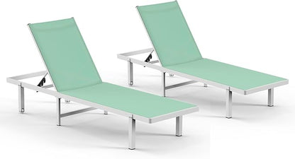 Aluminum Outdoor Lounge Chairs Set of 2, Pool Lounge Chairs with Wheels and 5-Position Recliner -Easy to Move- Patio Chaise Lounge Outdoor for Poolside, Deck, Beach (LightGreen)