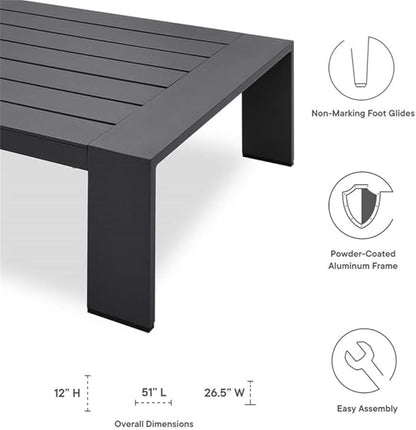 Pemberly Row Modern Outdoor Patio Coffee Table, Powder-Coated Aluminum, Gray Finish, Rectangular 51" W x 26.5" D x 12" H, Weather-Resistant with Non-Marking Foot Glides for Deck or Patio Use
