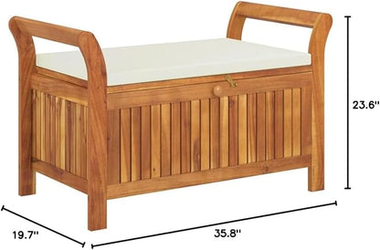 Patio Storage Bench with Cushion 35.8" Solid Wood Acacia Garden Bench Deck Bench Outdoor Bench Porch Bench for patios, Gardens, Decks