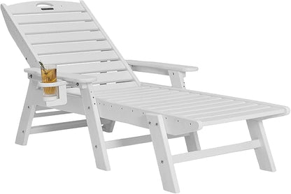 VEVOR Chaise Lounge Chair, 400 lbs Weight Capacity, 6 Positions Adjustable Patio Lounge Chair, Outdoor HDPE Lounge Chair with Backrest & Cup Holder, for Pool Poolside Deck Backyard Lawn, White