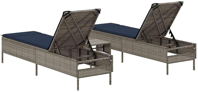 3-Piece Patio Sun Lounger Set with Side Table, Extra Long Adjustable Reclining Pool Chaise Lounge Chairs, Weather-Resistant PE Rattan for Garden, Backyard, Poolside, Grey