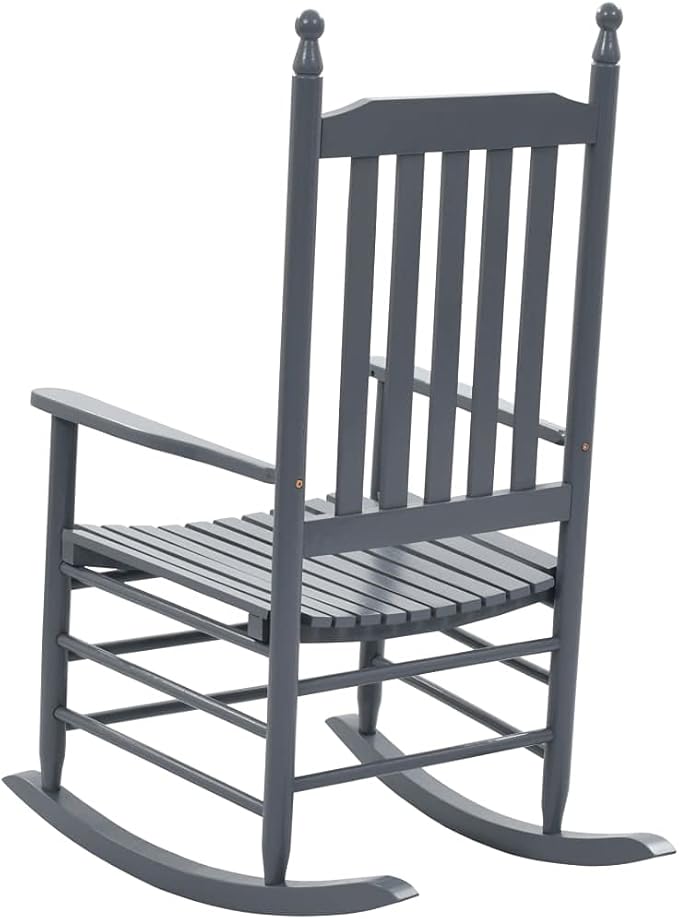 Rustic Rocking Chair, Solid Poplar Wood Indoor Outdoor Porch Chair with Comfortable Curved Seat, Matte Grey Finish for Living Room, Patio and Garden Decor