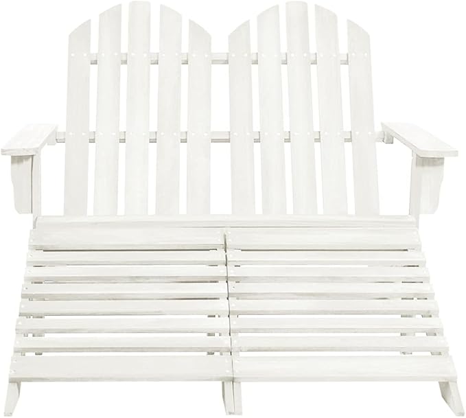 2-Seater Patio Adirondack Chair with Ottoman Solid Fir Wood White Outdoor Furniture for Garden, Poolside, Backyard Relaxation