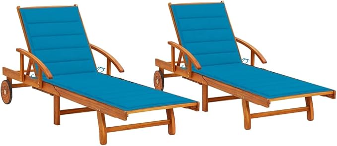 2-Piece Outdoor Lounge Chairs Set with Blue Cushions Solid Acacia Wood Adjustable Reclining Pool Deck Chaise Loungers Foldable Patio Furniture for Tanning Sunbathing Backyard