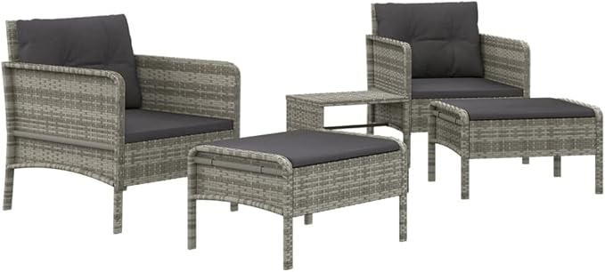 vidaXL 5 Piece Patio Lounge Set - Gray Poly Rattan Outdoor Furniture with Metal Frame, Cushioned Chairs, Stools & Table - Industrial Look for Garden & Terrace
