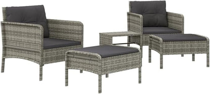 vidaXL 5 Piece Patio Lounge Set - Gray Poly Rattan Outdoor Furniture with Metal Frame, Cushioned Chairs, Stools & Table - Industrial Look for Garden & Terrace