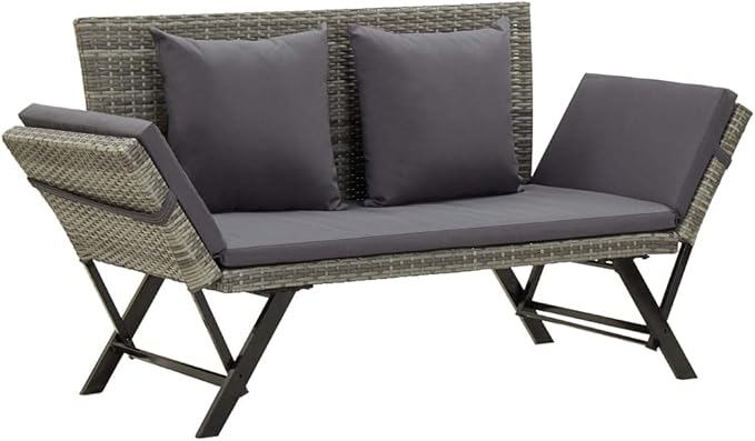 Garden Bench Deck Bench Patio Bench with Cushions 69.3" Gray Poly Rattan - Photo 1