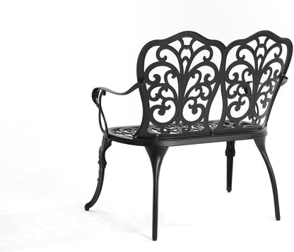 Patio Garden Bench Metal Park Cast Aluminum Outdoor Furniture with Floral Rose for Patio,Park,Lawn,Yard Black Aluminium Ready