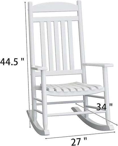 Wooden Outdoor Rocking Chair, Weatherproof Oversized Rocking Chair, Heavy Duty Comfort with 450 lbs Weight Capacity, Solid Relaxing Rocker with High Back for Patio, Porch, Living Room (white)
