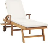 Solid Teak Wood Sun Lounger with Adjustable Footrest and Cream Cushion, Portable Outdoor Chaise Lounge for Poolside - Photo 3