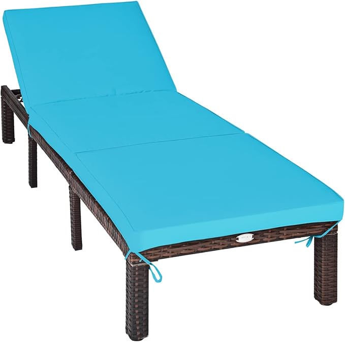 COSTWAY 2PCS Rattan Lounge Chair Chaise Recliner Adjustable Cushioned Turquoise - Photo 4