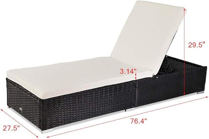 VINGLI Outdoor Chaise Lounge with Adjustable Backrest, Patio Beach Poolside PE Wicker Rattan Lounge Chairs with Water Repellent Cushions,Beige & Cream White (Black)