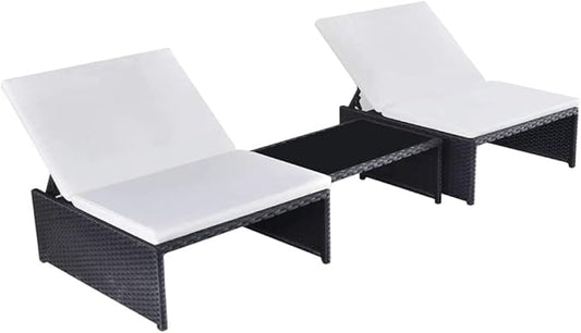 Outdoor Chaise Lounge, Sun Relaxing Chaise Lounge Beach Chaise Lounge Sun Loungers 2 pcs with Table Poly Rattan Black for Poolside Garden Balcony Patio Yard
