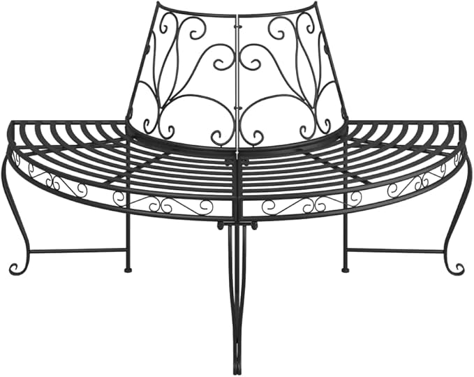 63" Half-Moon Tree Bench, Black Metal, Seats 3, 63x63x34.8 in, Patio/Garden/Entryway