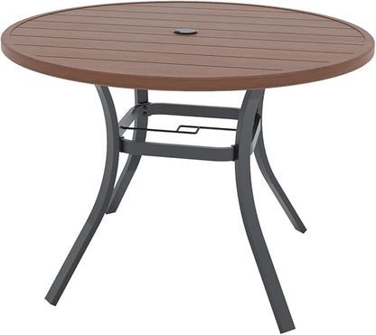 Round Outdoor Dining Table, 41-inch All-Weather Patio Table with Adjustable Umbrella Hole for Deck Lawn Garden Backyard Balcony Deck, Metal Frame Slatted Tabletop