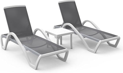 Domi Patio Chaise Lounge Chair Set of 3,Outdoor Aluminum Polypropylene Sunbathing Chair with Adjustable Backrest,Arm,Side Table,for Beach,Yard,Balcony,Poolside(2 Gray Chairs W/Table)