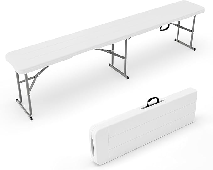 VINGLI 6 feet Plastic Folding Bench,Portable in/Outdoor Picnic Party Camping Dining Seat, Garden Soccer Multipurpose Entertaining Activities, Smooth HDPE Tabletop (1, White, 6ft)