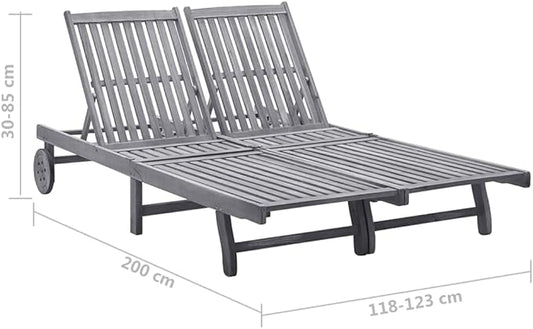 2-Person Acacia Sunlounger Grey, Outdoor Chaise Lounge 78.7"x48.4" with Adjustable Backrest & Wheels for Patio, Poolside or Garden Relaxation